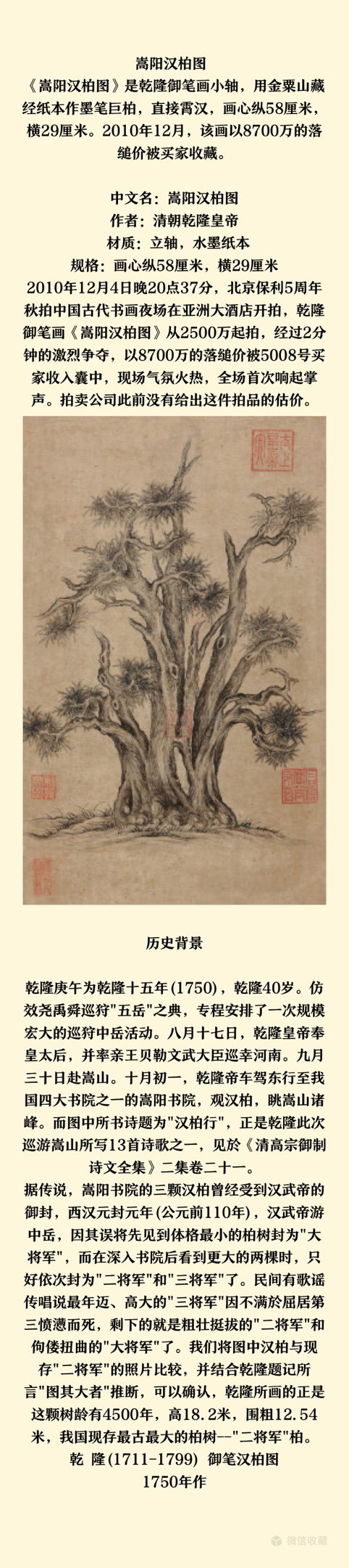 《嵩阳汉柏图》是乾隆御笔画小轴,用金粟山藏经纸本作墨笔巨柏,直接