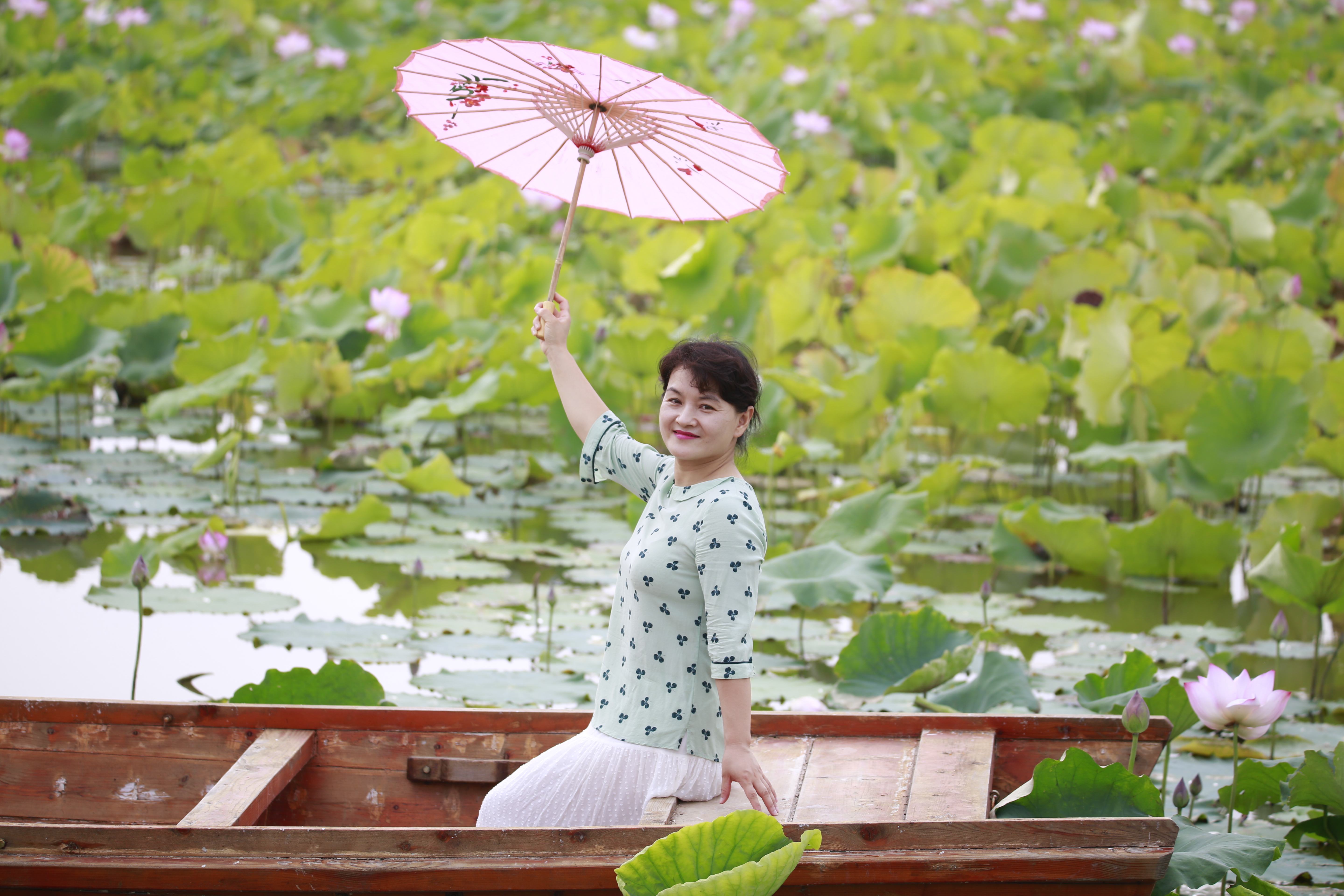 荷塘弄舟采莲女荷叶荷裙相映色