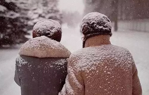 两个老人手牵手,走在雪天. 下雪天牵手,一起到白头.