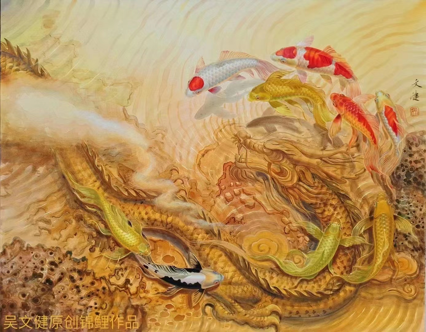 吴文健画家油画九鱼图作品寓意好装饰画作品