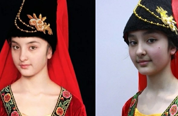 画中模特阿依古丽.阿不都拉和油画