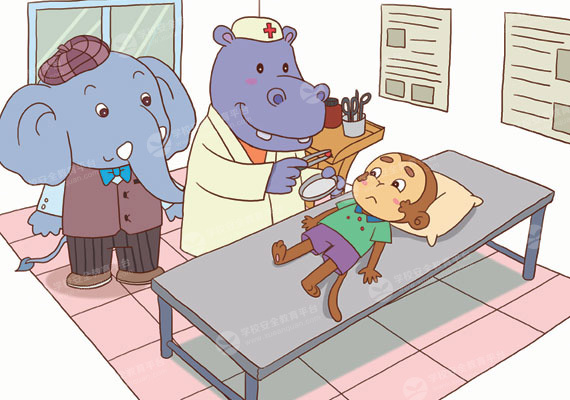 在医院里,河马医生用小镊子把小圆珠给夹了出来.