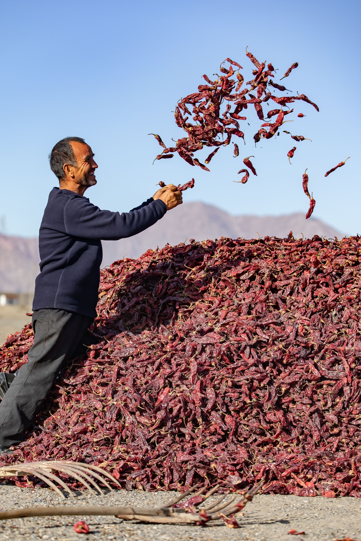 壮美的独库公路旁, 勤劳的维吾尔族老乡在晒辣椒.