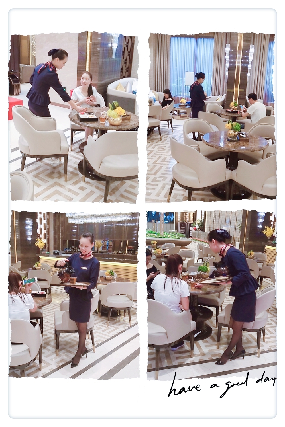 对客户就像是自己的家人.亲切"热情,及时为他们服务倒水.