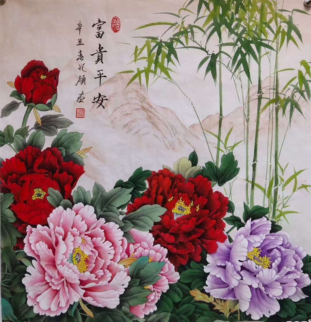 胡记领大师工笔画花鸟牡丹装饰画欣赏